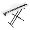 Portable 88-key digital piano in white with semi-weighted keys, adjustable stand, and triple pedals for versatile performance.