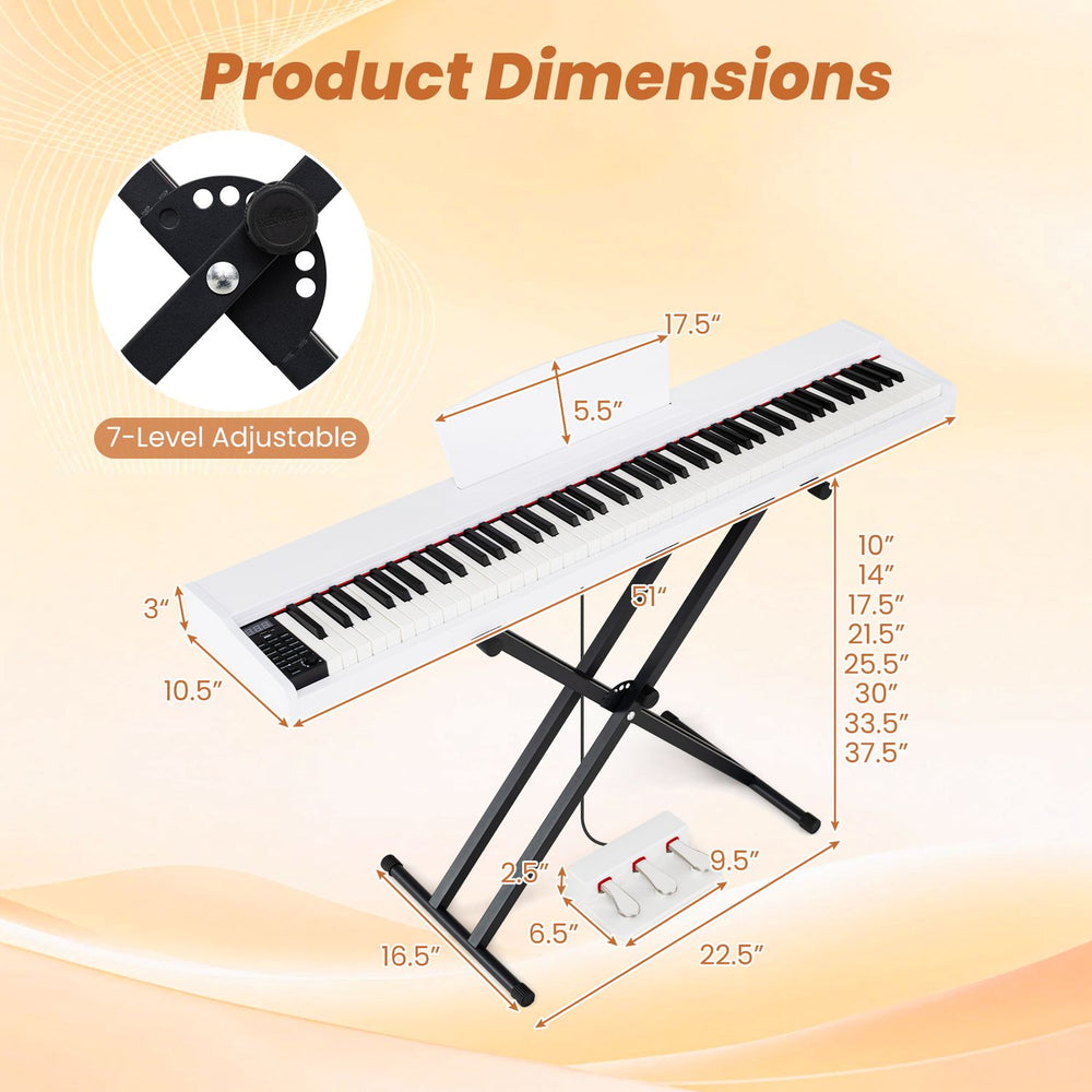 Adjustable piano stand with dimensions for the 88-Key Portable Digital Piano Keyboard, featuring semi-weighted keys.