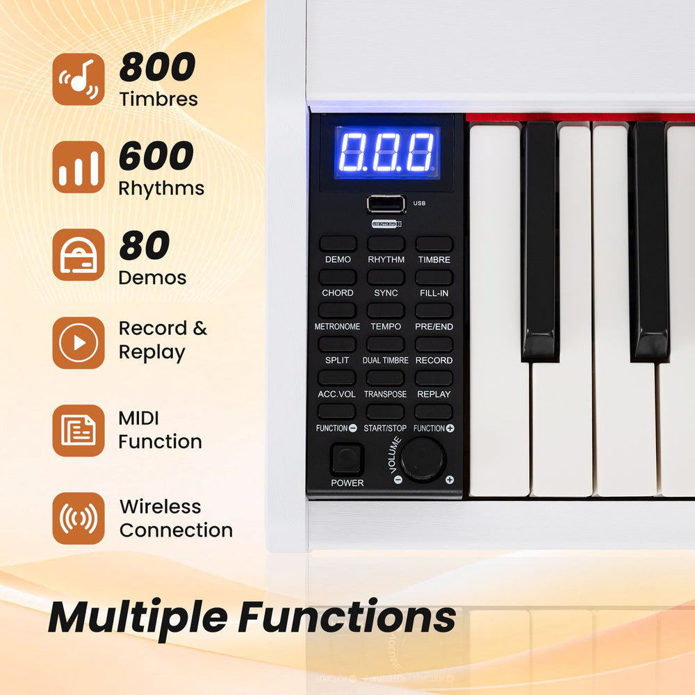 88-key portable digital piano keyboard in black and white with semi-weighted keys, 800 timbres, and wireless connection.