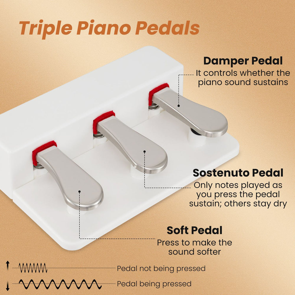 Triple piano pedals for enhanced performance, featuring damper, sostenuto, and soft pedals for versatile sound control.