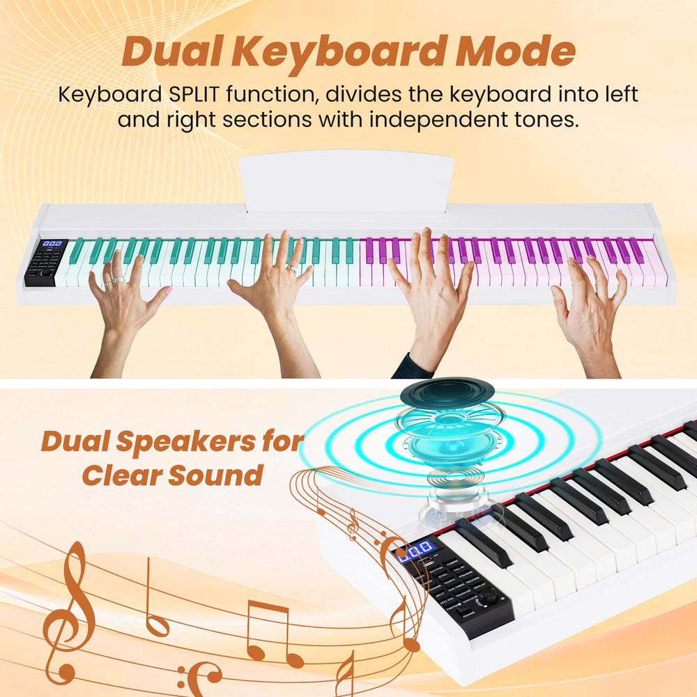 Dual keyboard mode of the 88-key portable digital piano allows two players to enjoy independent tones together.