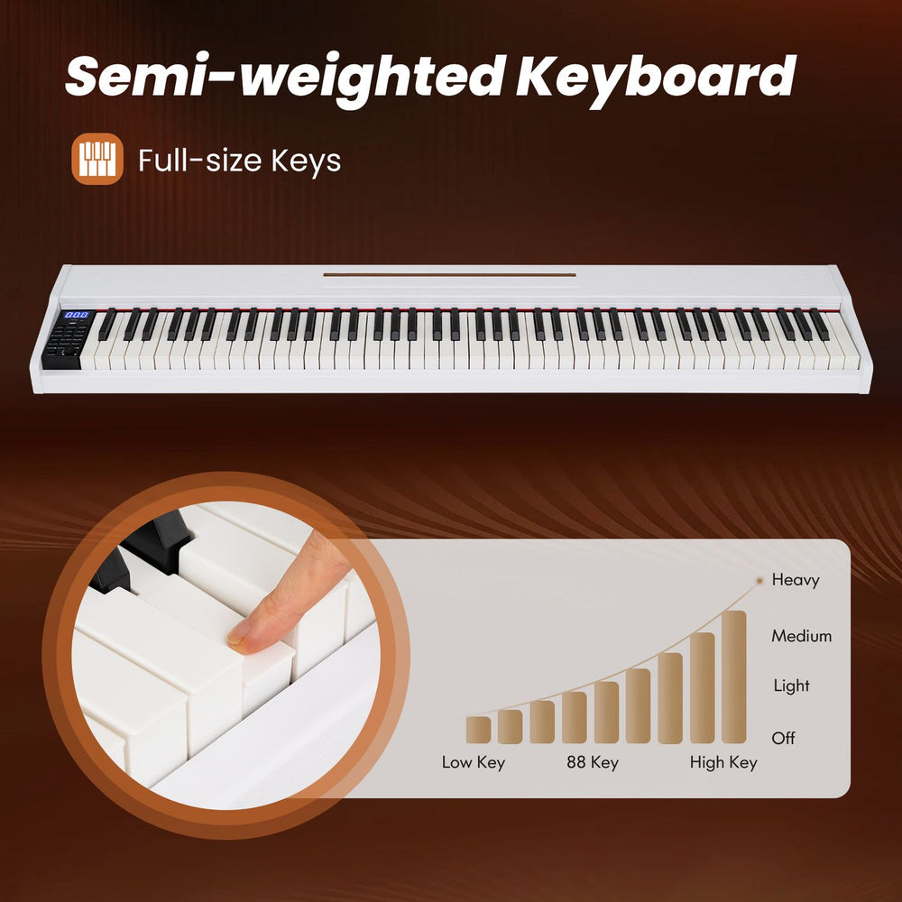 88-key portable digital piano keyboard with semi-weighted full-size keys, ideal for versatile music creation and practice.