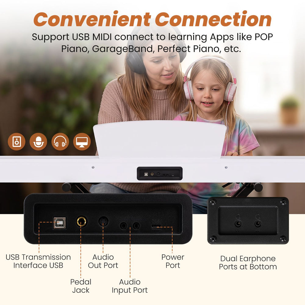 88-key portable digital piano keyboard with USB MIDI connection, dual earphone ports, and full-size semi-weighted keys.