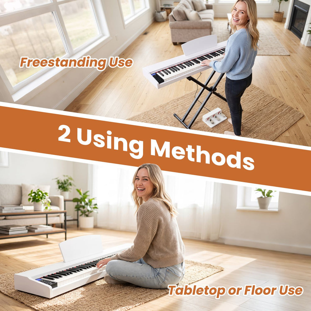 Portable 88-key digital piano with semi-weighted keys, shown in freestanding and tabletop use for versatile playing options.