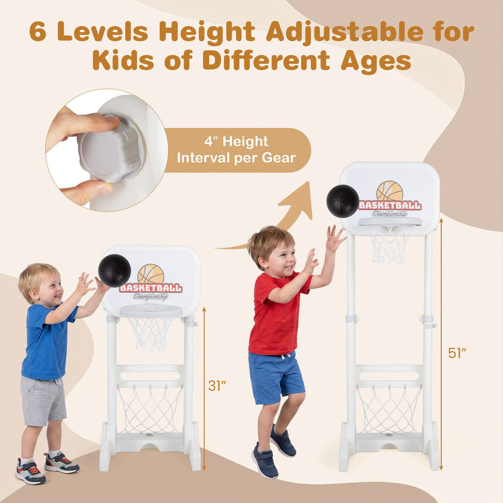 Adjustable 3-in-1 toddler sports set featuring a basketball hoop and soccer goal, designed for outdoor play and stability.