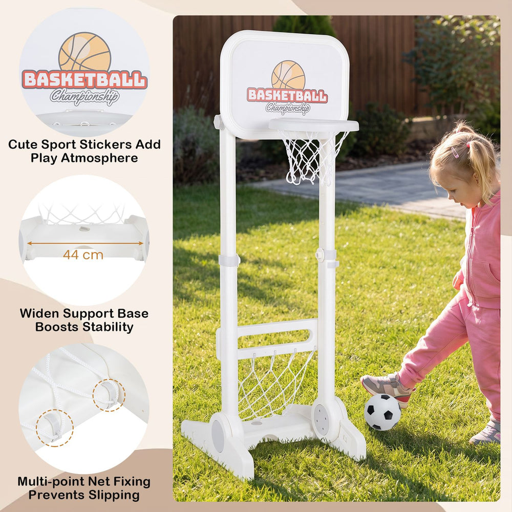 Detail shot of the toddler sports set's sturdy triangular base designed for stability during energetic outdoor play.