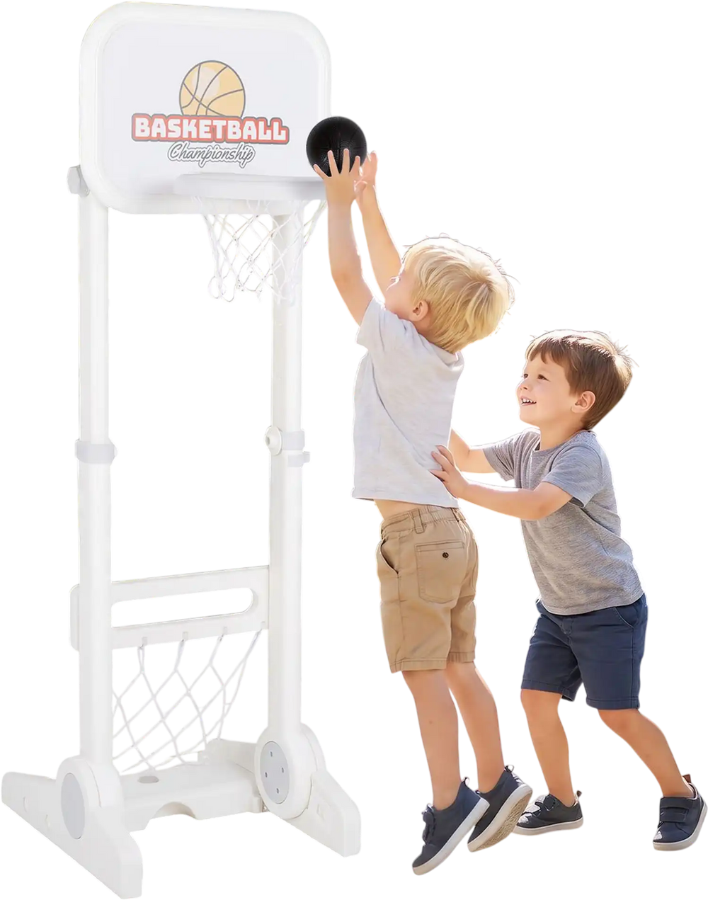 Toddler sports set featuring a 3-in-1 adjustable basketball hoop and soccer goal for outdoor play and active fun.