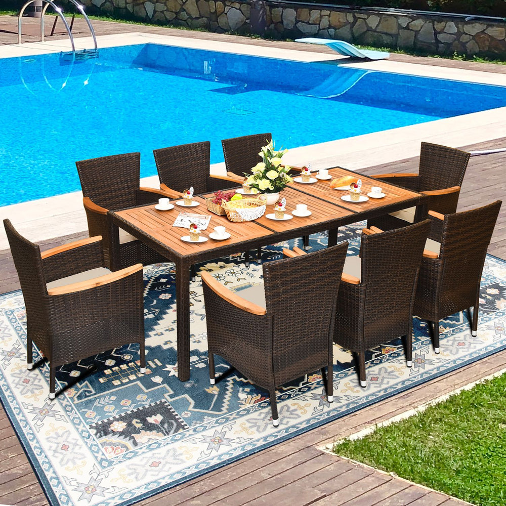 Rattan patio dining table with solid acacia wood for 8 people, perfect for outdoor gatherings by the poolside.