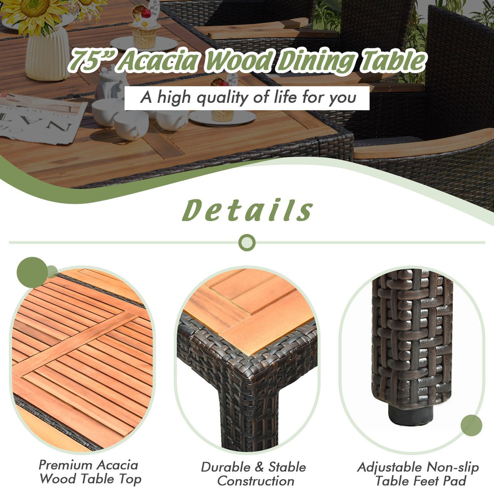 75" acacia wood dining table with a sturdy rattan frame, designed for outdoor use and seating up to 8 people.