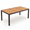 Rectangular 75" rattan patio dining table with acacia wood top, designed for 8 people, ideal for outdoor gatherings.