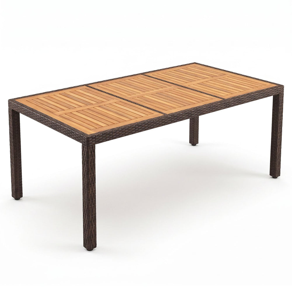 Rectangular 75" rattan patio dining table with acacia wood top, designed for 8 people, ideal for outdoor gatherings.