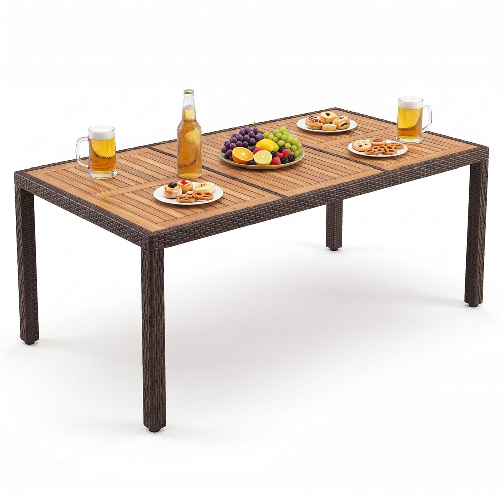 Rattan patio dining table with solid acacia wood surface, seating up to 8 people, perfect for outdoor gatherings.