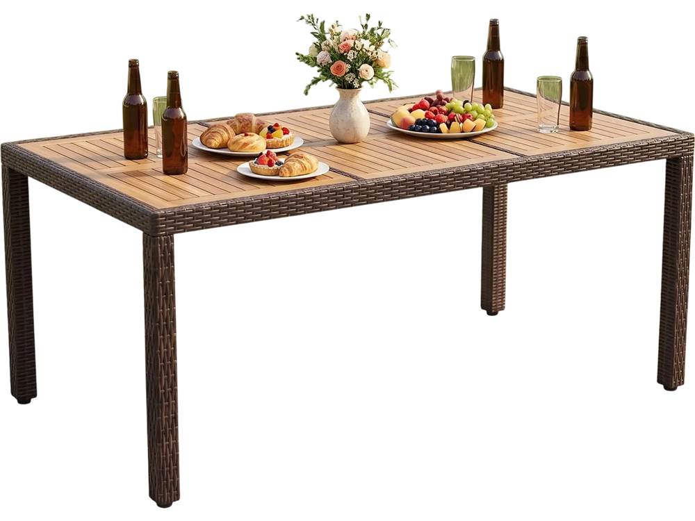 Rattan patio dining table made of solid acacia wood, seating up to 8 people, perfect for outdoor gatherings.