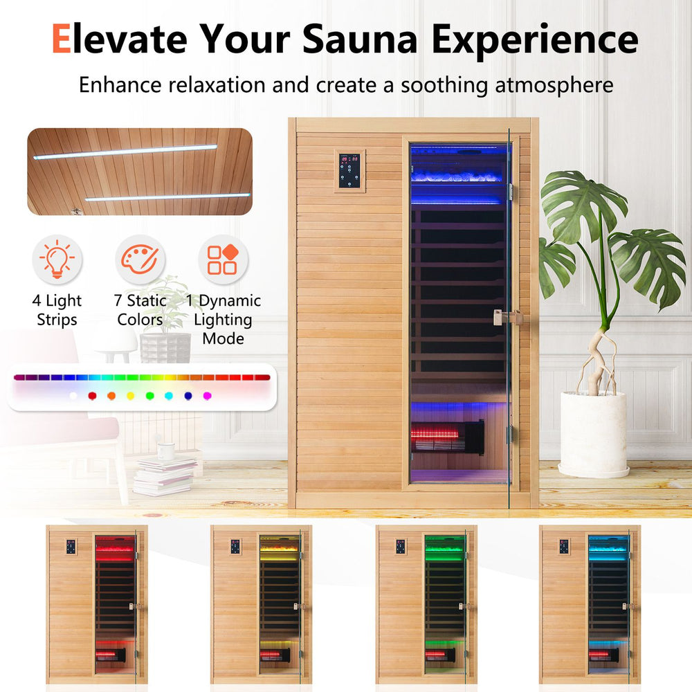 Far infrared wooden sauna room for 2 people featuring a premium Canadian hemlock design and therapeutic red light therapy.
