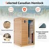 Far infrared wooden sauna room for 2, made of Canadian hemlock, featuring a tempered glass door and dual control panels.