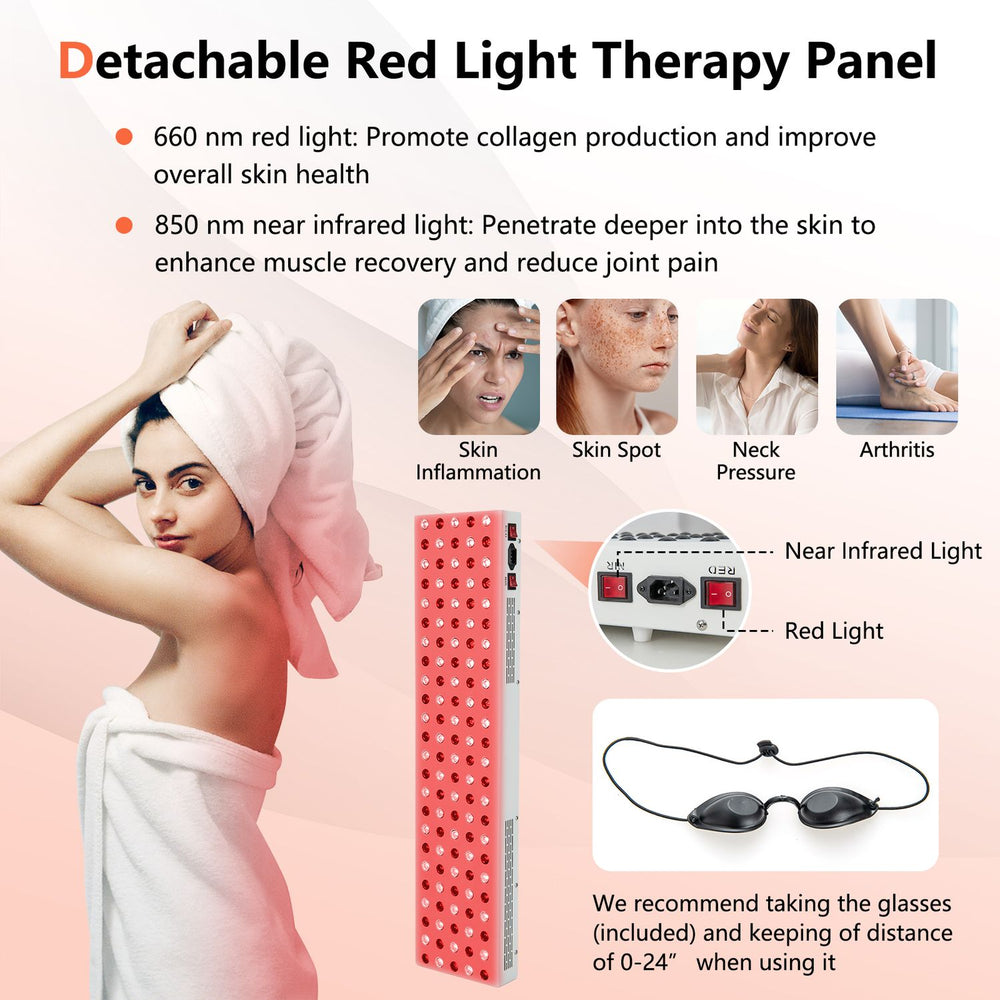 Detachable red light therapy panel with 660nm and 850nm lights for skin inflammation and muscle recovery benefits.