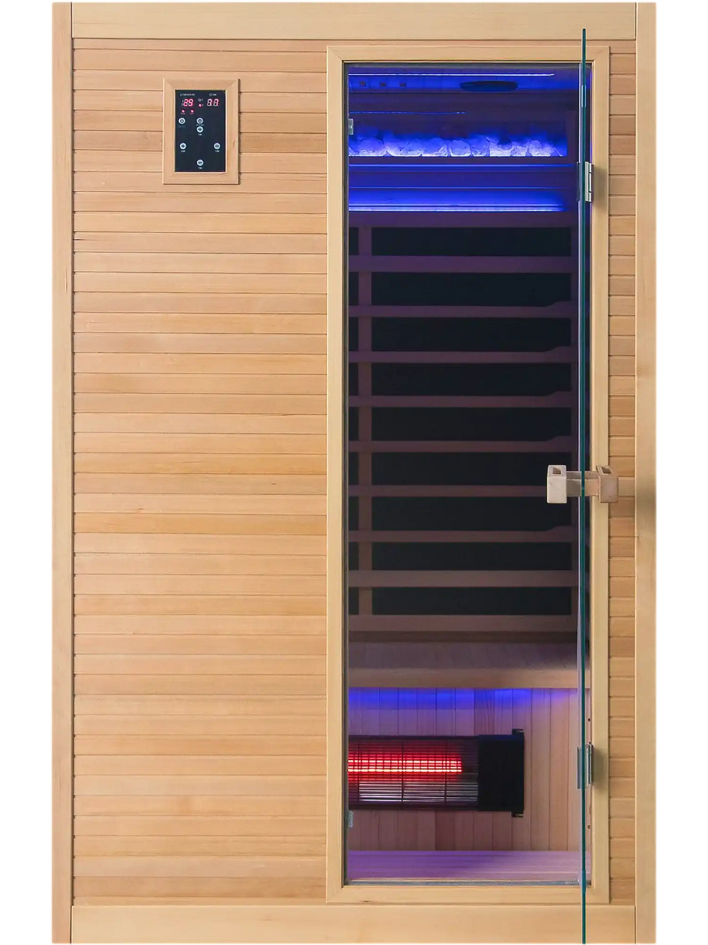 Far infrared wooden sauna room for 2 people with tempered glass door, dual control panels, and therapeutic red light therapy.