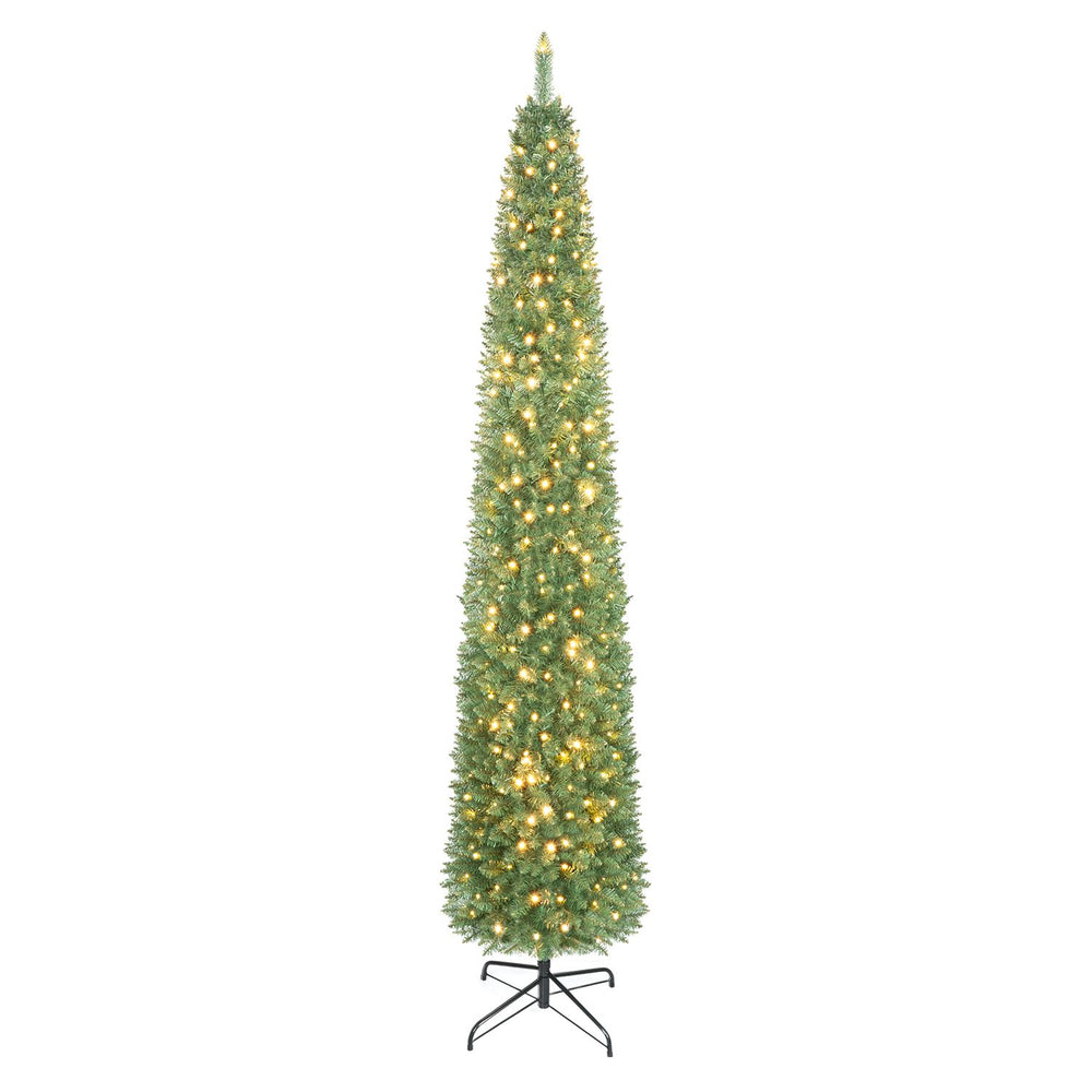 Slim 9-foot pre-lit pencil artificial Christmas tree featuring 1032 full branch tips and 400 LED lights for cozy holiday ambiance.