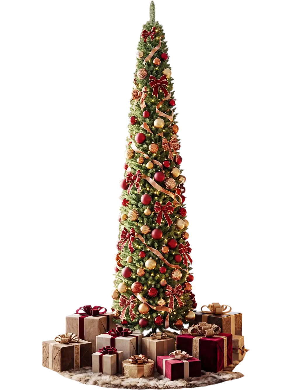 9-foot pre-lit pencil artificial Christmas tree with 1032 branch tips, ideal for small spaces and festive decor.
