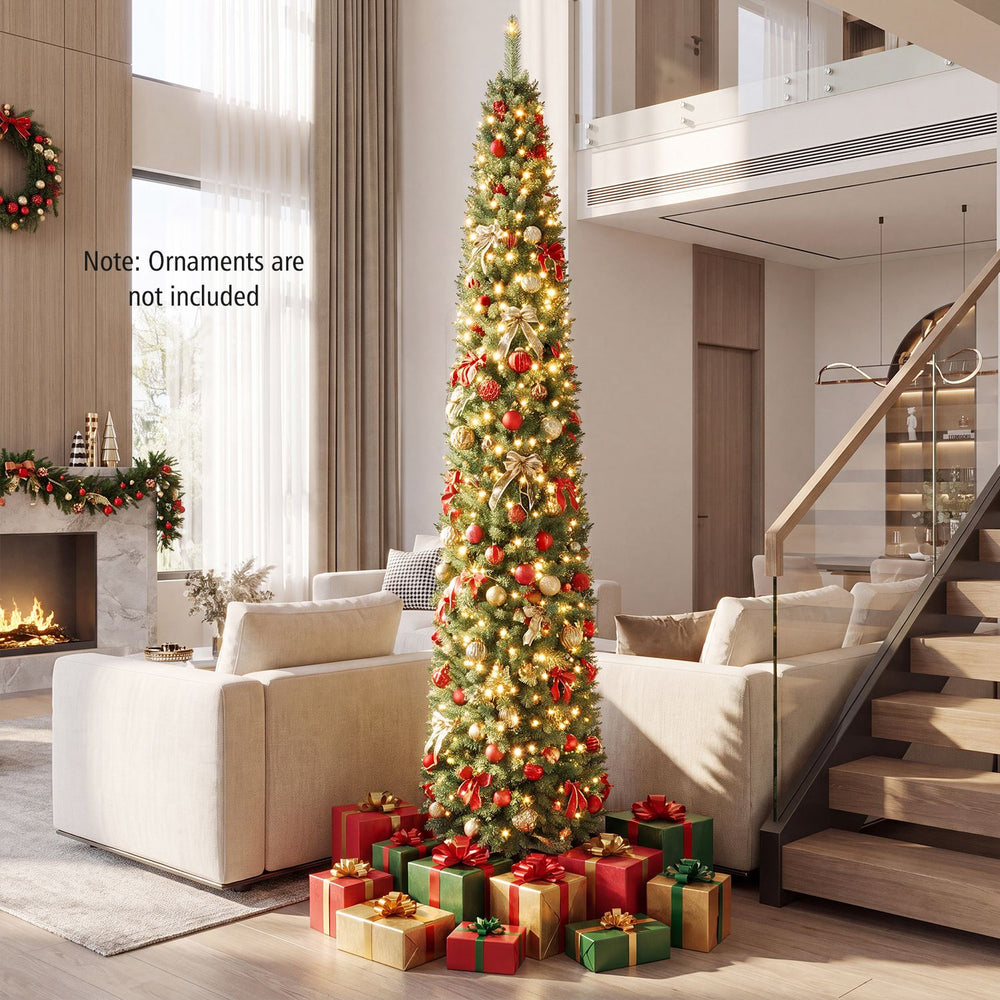 9 feet pre-lit pencil artificial Christmas tree with 1032 branch tips and 400 LED lights, ideal for small spaces.