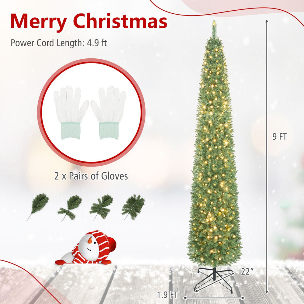 9-foot pre-lit pencil artificial Christmas tree with 1032 branch tips and 400 LED lights, perfect for small spaces.