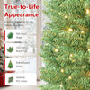 Pre-lit 9 feet pencil artificial Christmas tree featuring 1032 full branch tips and warm LED lights for festive decor.