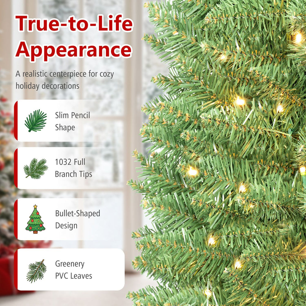 Pre-lit 9 feet pencil artificial Christmas tree featuring 1032 full branch tips and warm LED lights for festive decor.