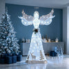 5-foot pre-lit 3D glittered Christmas angel with 100 cold white lights, featuring a stunning silhouette skirt and golden bow.