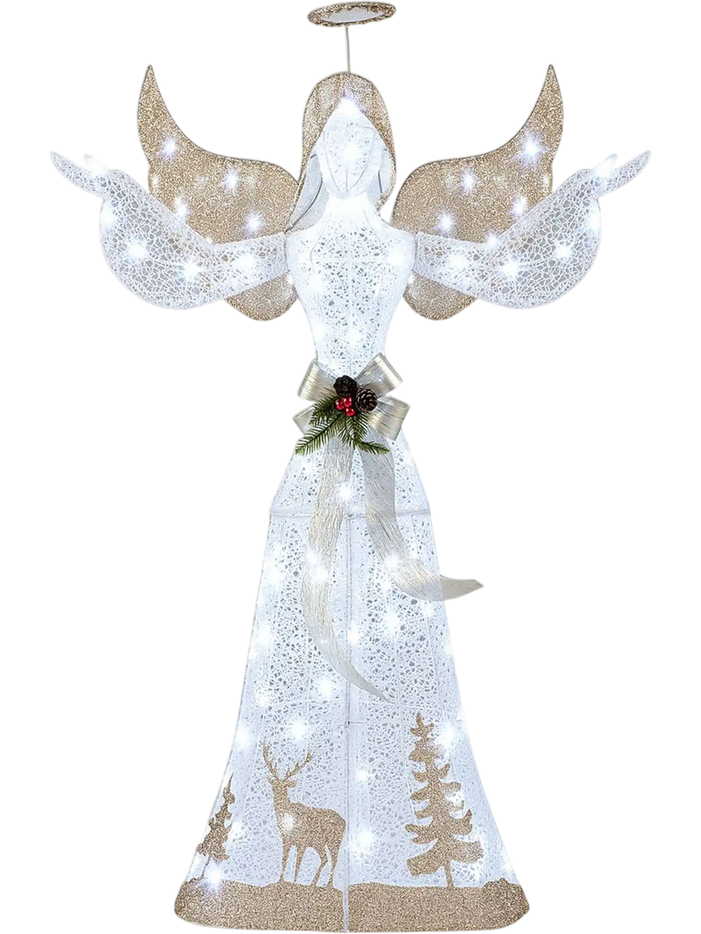 Pre-lit 5 feet glittered Christmas angel features 100 cold white lights and a stunning silhouette pattern on the skirt.