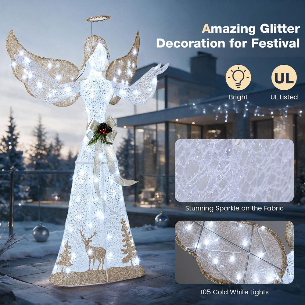 5-foot pre-lit 3D glittered Christmas angel with 105 cold white lights, featuring a stunning fabric sparkle for festive decor.