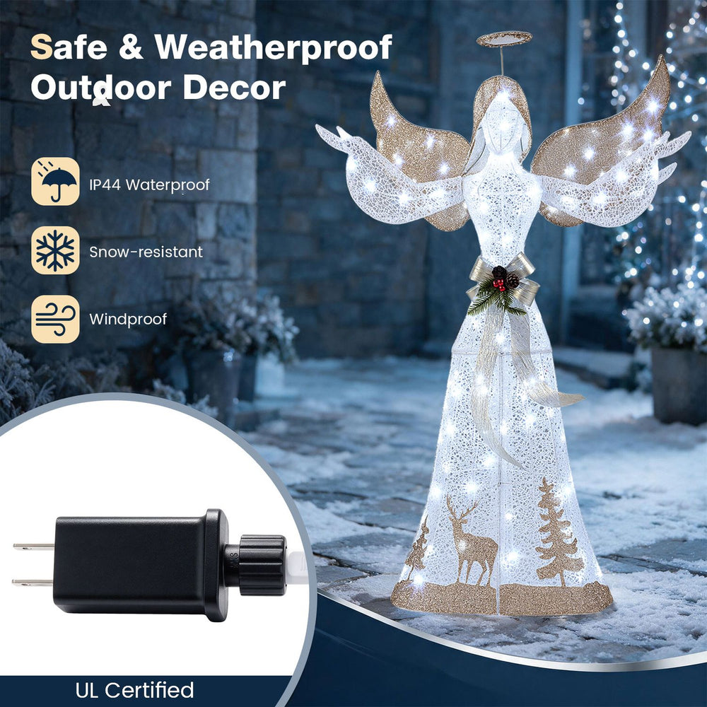 5-foot pre-lit 3D glittered Christmas angel with 100 cold white lights, snow-resistant fabric, and golden bow for outdoor decor.