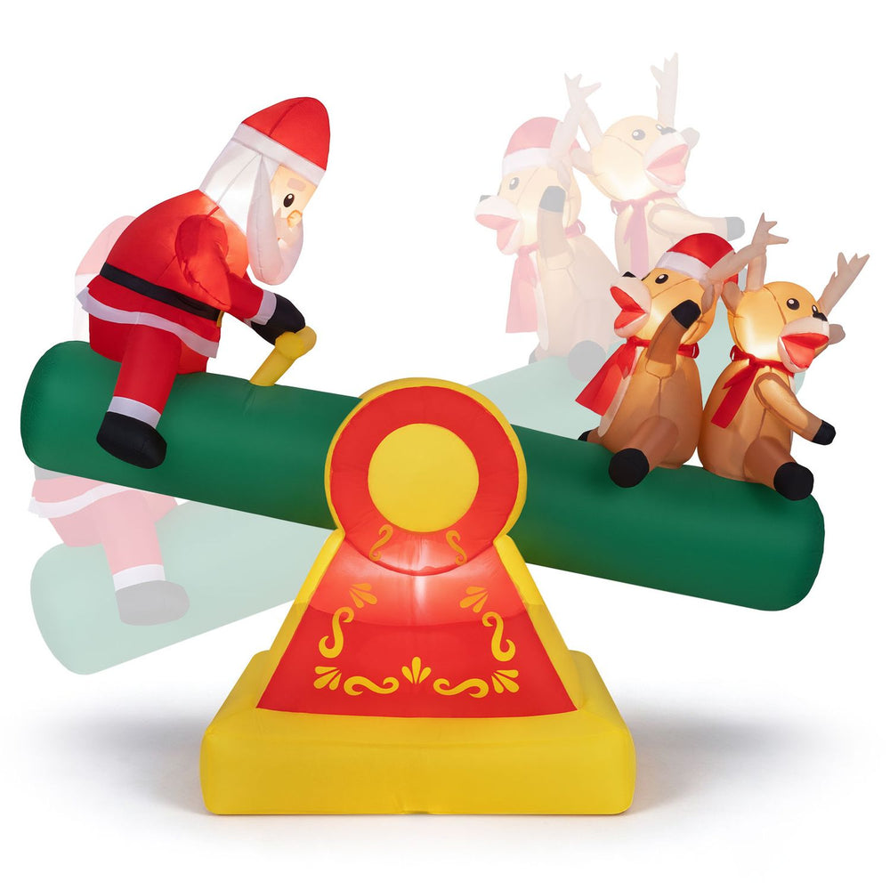 Animated 5.5 FT inflatable Christmas teeter totter featuring Santa and reindeer, with built-in LED lights for festive charm.