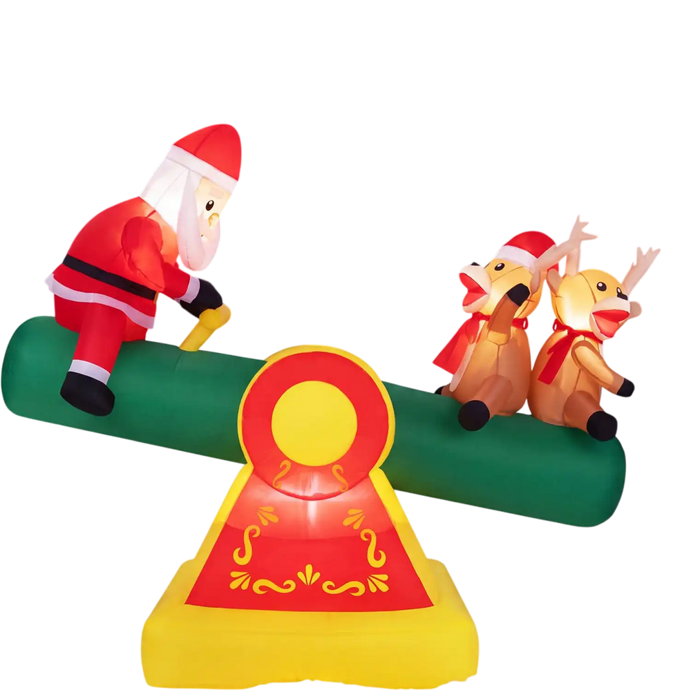 5.5 FT inflatable Christmas teeter totter shows Santa joyfully riding while illuminated by colorful built-in LED lights.