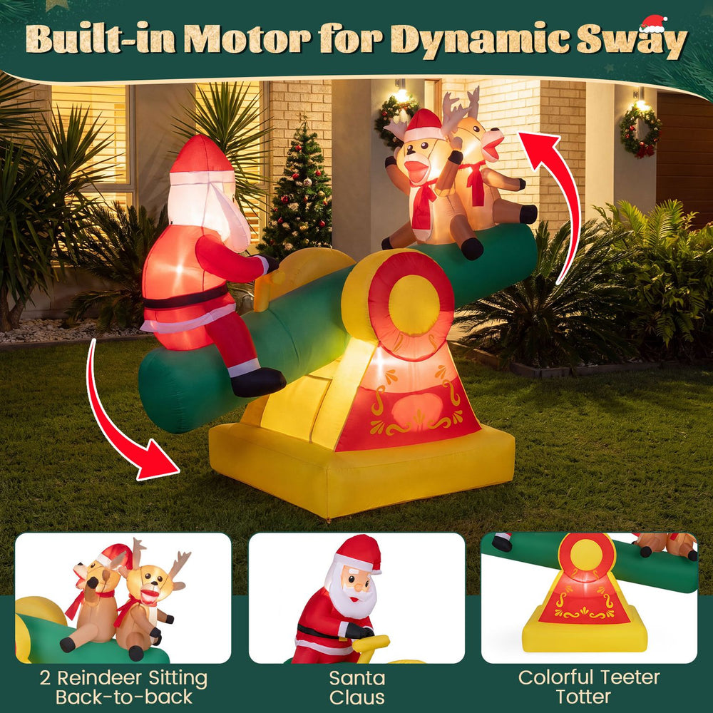 Colorful 5.5 FT inflatable Christmas teeter totter showcases Santa and reindeer with dynamic sway motion for outdoor fun.