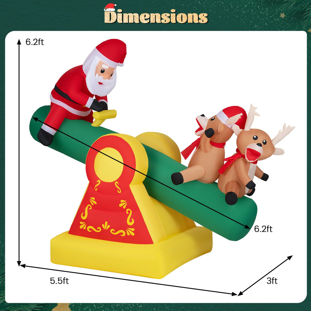 Inflatable 5.5 FT Christmas teeter totter features Santa and reindeer with LED lights, perfect for outdoor holiday decoration.