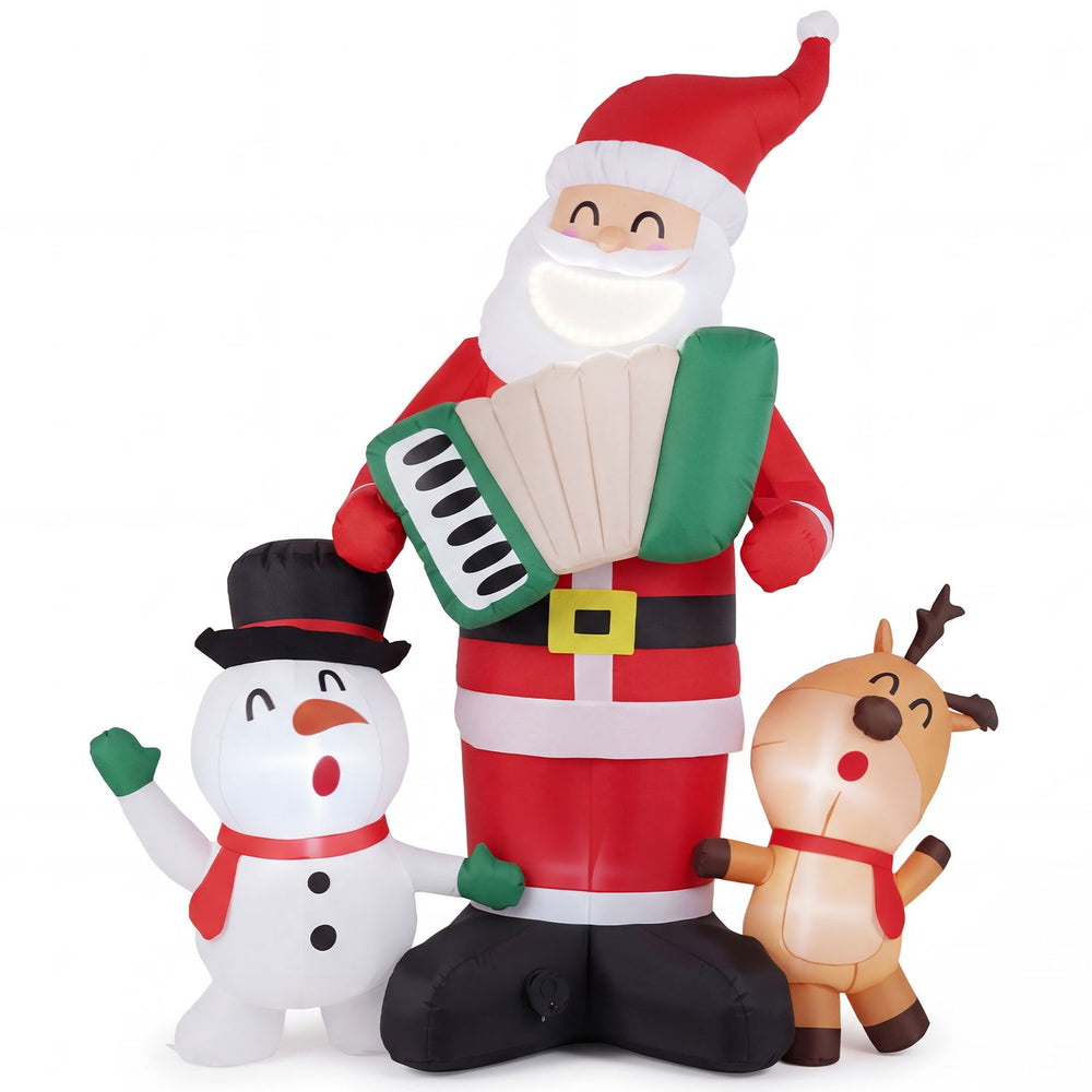 Inflatable 8 FT Christmas decoration set featuring Santa, a snowman, and a reindeer with built-in music for festive displays.