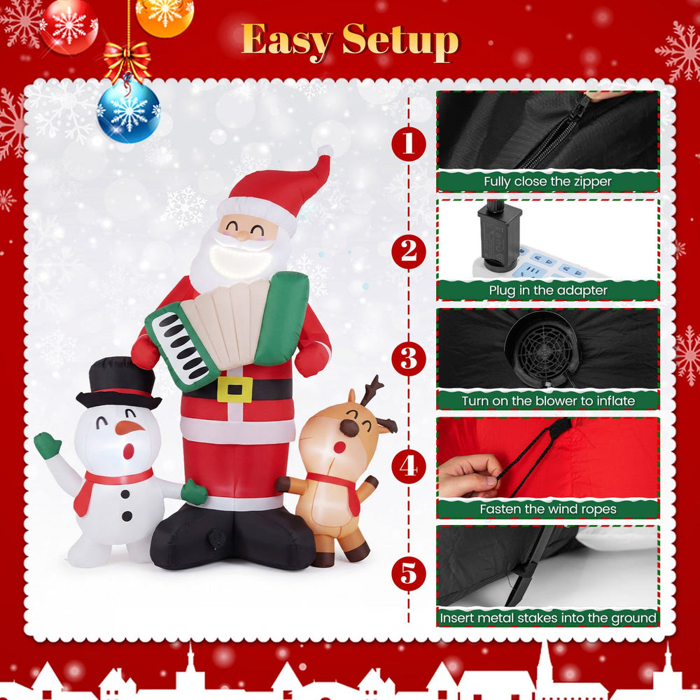 Santa holds an accordion in this 8 FT inflatable decoration, complemented by a whimsical snowman and playful reindeer.