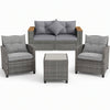 5-piece outdoor rattan sofa set with grey cushions, including a loveseat, two chairs, and a glass-top coffee table.
