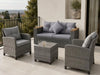 5-piece outdoor rattan sofa set with grey cushions, featuring a coffee table and flexible seating for patios and gardens.