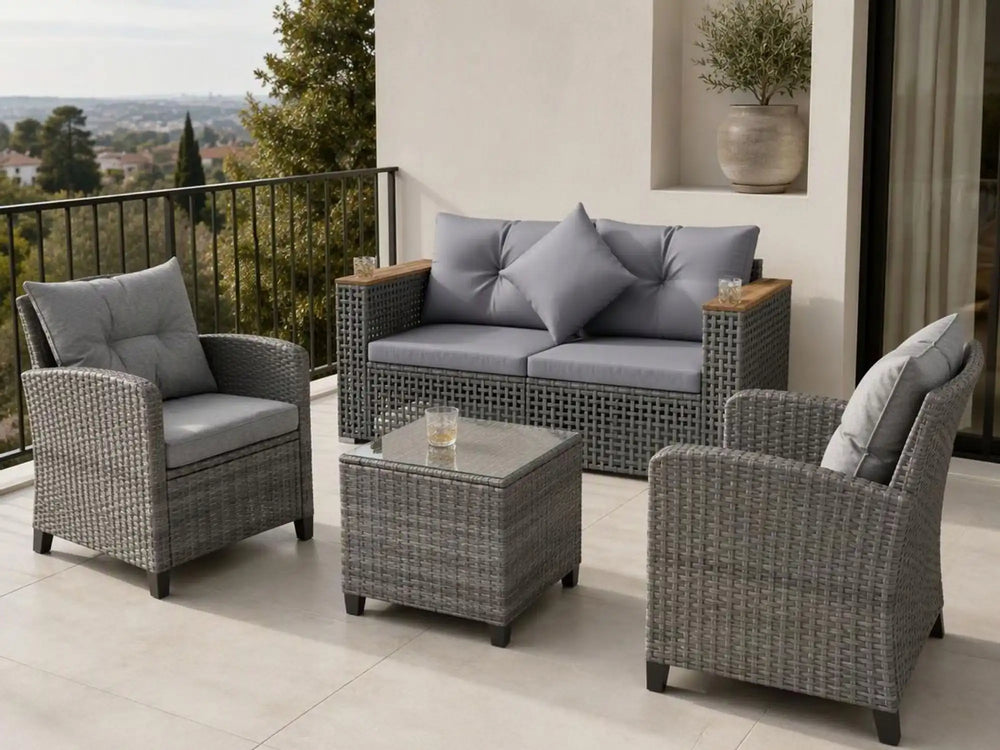 5-piece outdoor rattan sofa set with grey cushions, featuring a coffee table and flexible seating for patios and gardens.