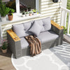 Grey 5-piece outdoor rattan sofa set with corner loveseat, cushioned seats, and coffee table for versatile patio lounging.