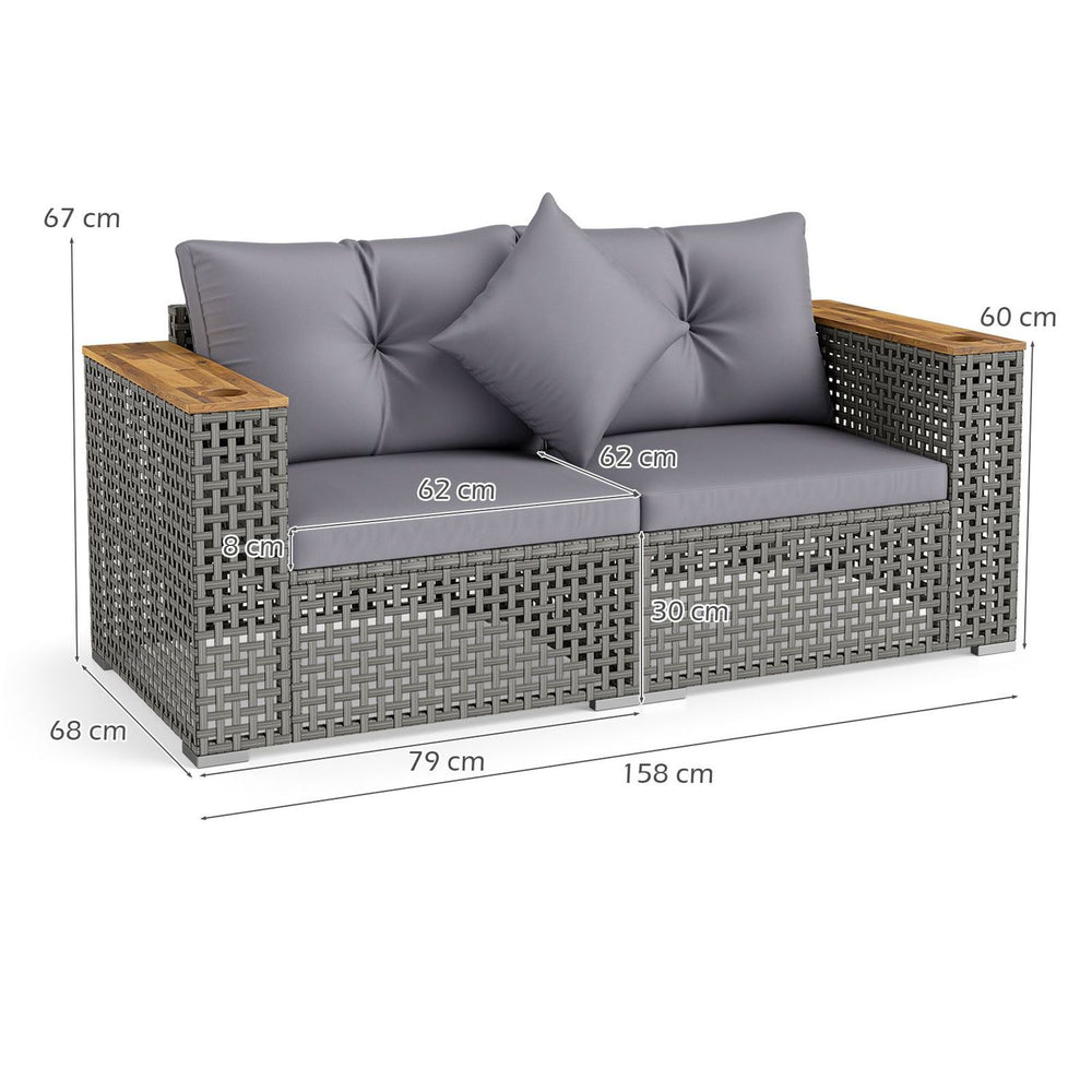 Corner loveseat from a 5-piece outdoor rattan sofa set with grey cushions and sturdy metal frame for versatile seating.