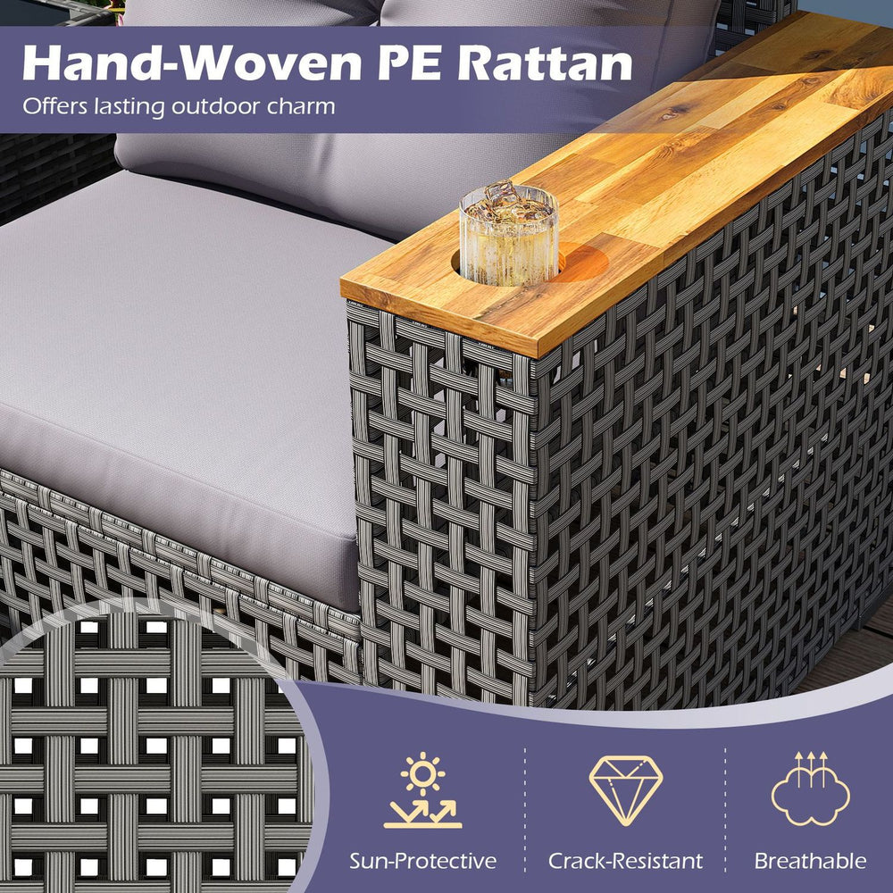 Corner loveseat from the 5-piece outdoor rattan sofa set features hand-woven PE rattan and comfortable cushions for relaxation.
