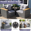 Corner sofa chair from the 5-piece outdoor rattan sofa set with grey cushions and a stylish hand-woven design for patios.