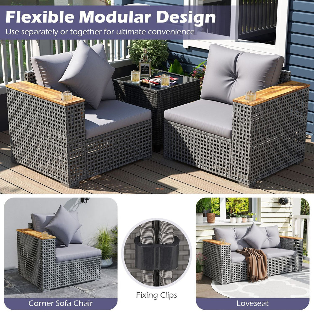 Corner sofa chair from the 5-piece outdoor rattan sofa set with grey cushions and a stylish hand-woven design for patios.