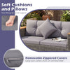 Soft grey cushions on the 5-piece outdoor rattan sofa set provide comfort and style for relaxing in your patio or garden.