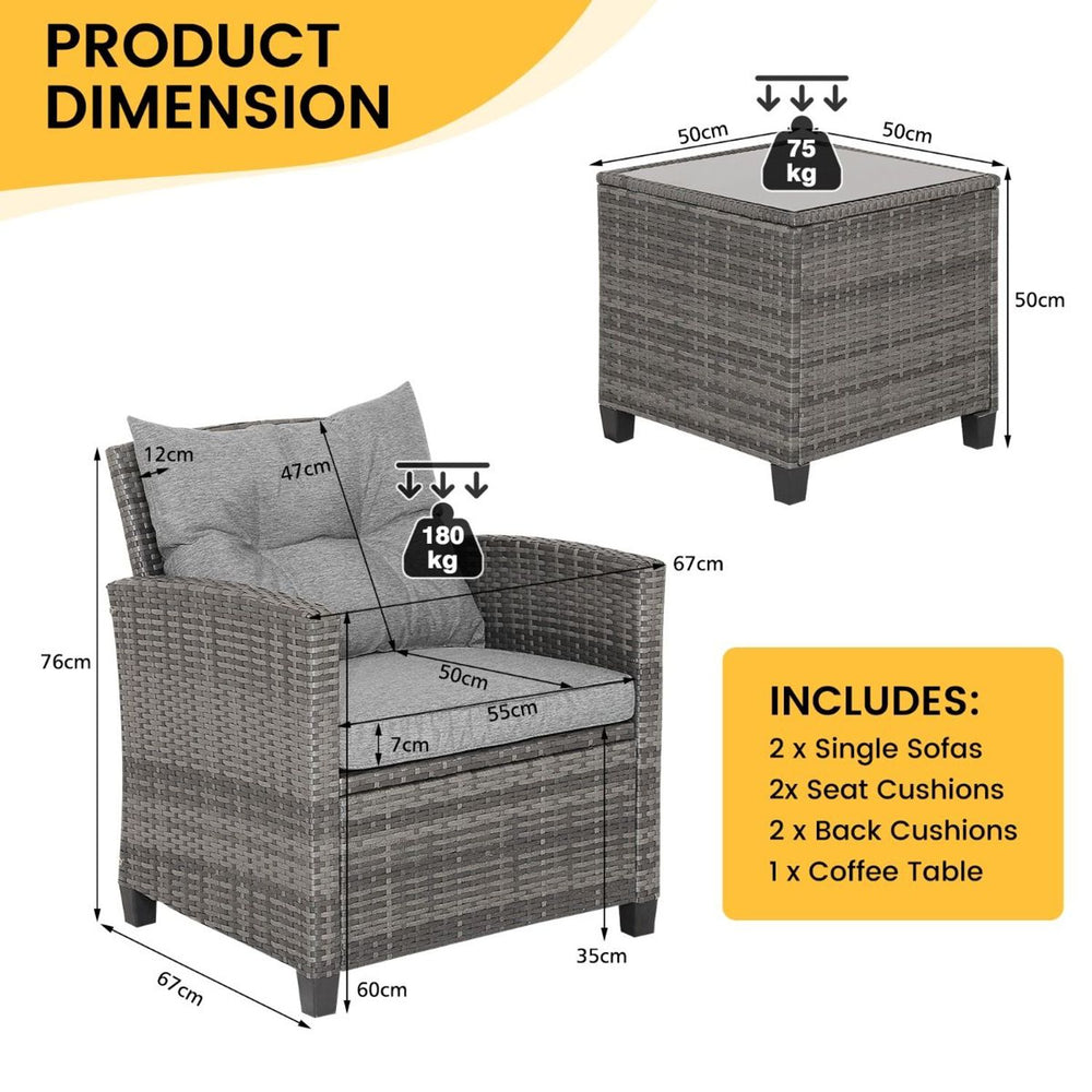 5-piece outdoor rattan sofa set featuring 2 single sofas, 2 corner chairs, and a coffee table with cushioned seating.