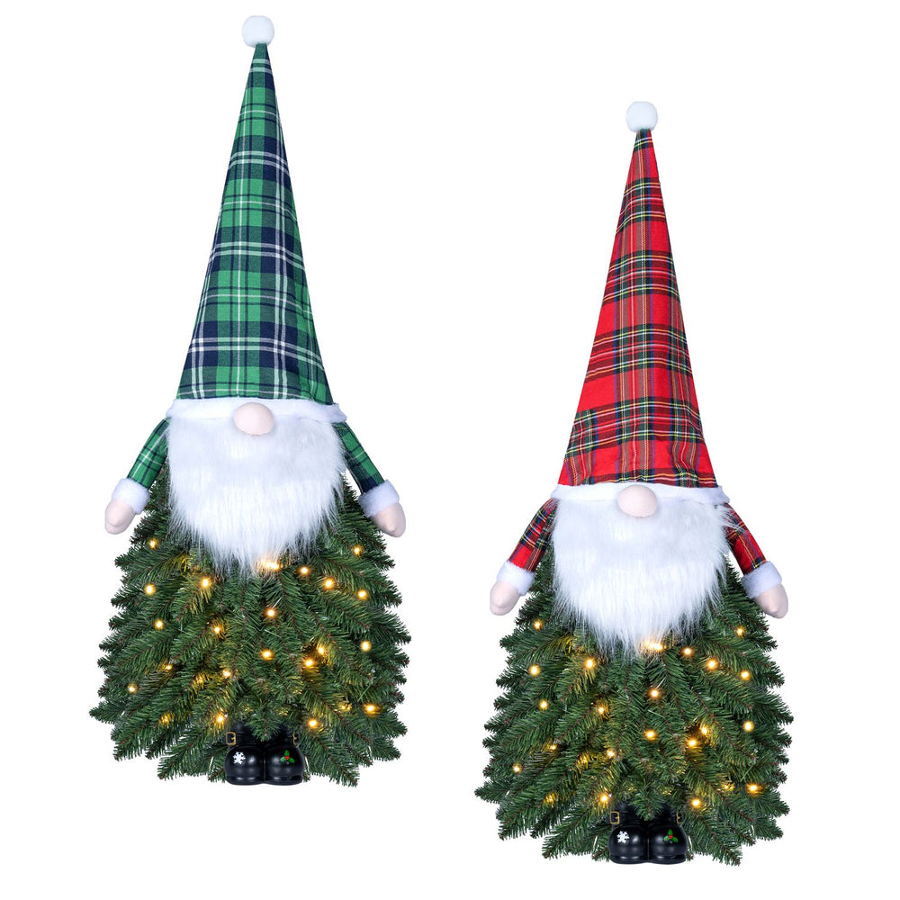 Two 3 ft pre-lit mini tabletop Christmas trees in green and red with Santa-inspired design and 20 warm white LED lights.