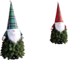 Santa-inspired 3 ft pre-lit artificial Christmas trees in green and red with 20 LED lights for festive tabletop decoration.