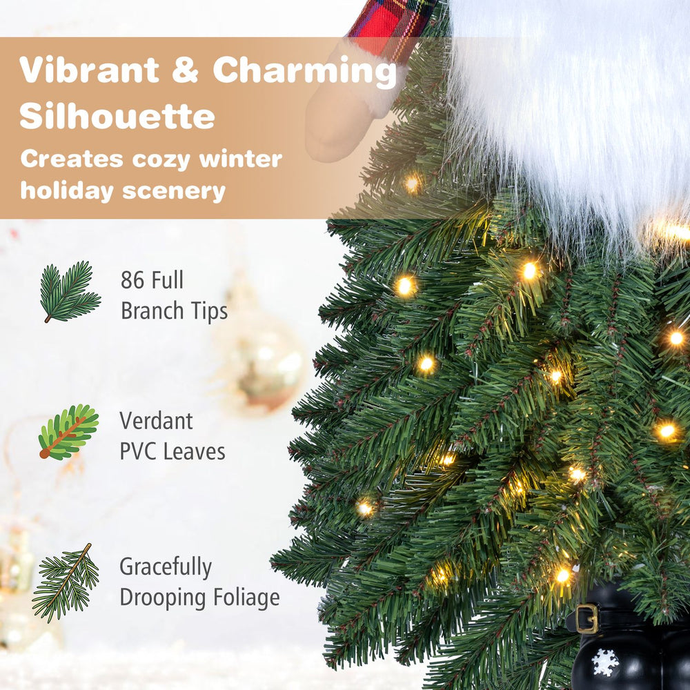 3 ft pre-lit mini tabletop Christmas tree with 86 branch tips, warm white LED lights, and Santa-inspired design for festive decor.